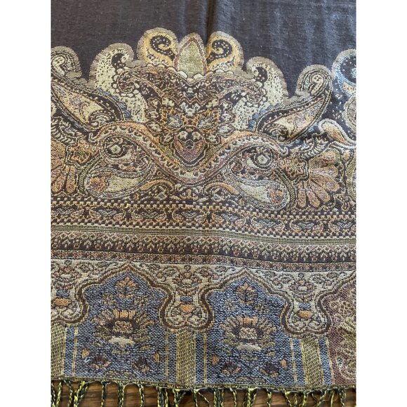 Tan brown paisley blanket scarf with fringe - Picture 3 of 6